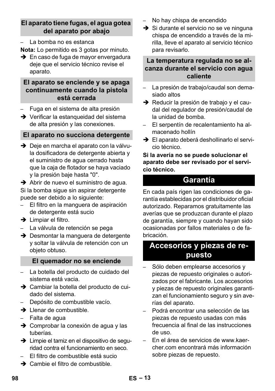 Garantía accesorios y piezas de re- puesto | Karcher HDS 13-20-4 S EU User Manual | Page 98 / 436