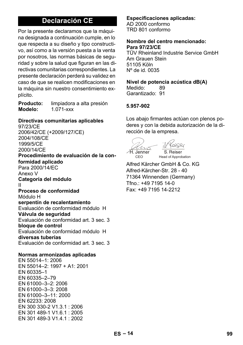 Declaración ce | Karcher HDS 13-20-4 S EU User Manual | Page 99 / 436