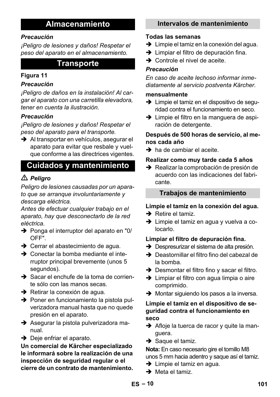 Almacenamiento transporte cuidados y mantenimiento | Karcher HDS 8-17-4M Classic EU User Manual | Page 101 / 468