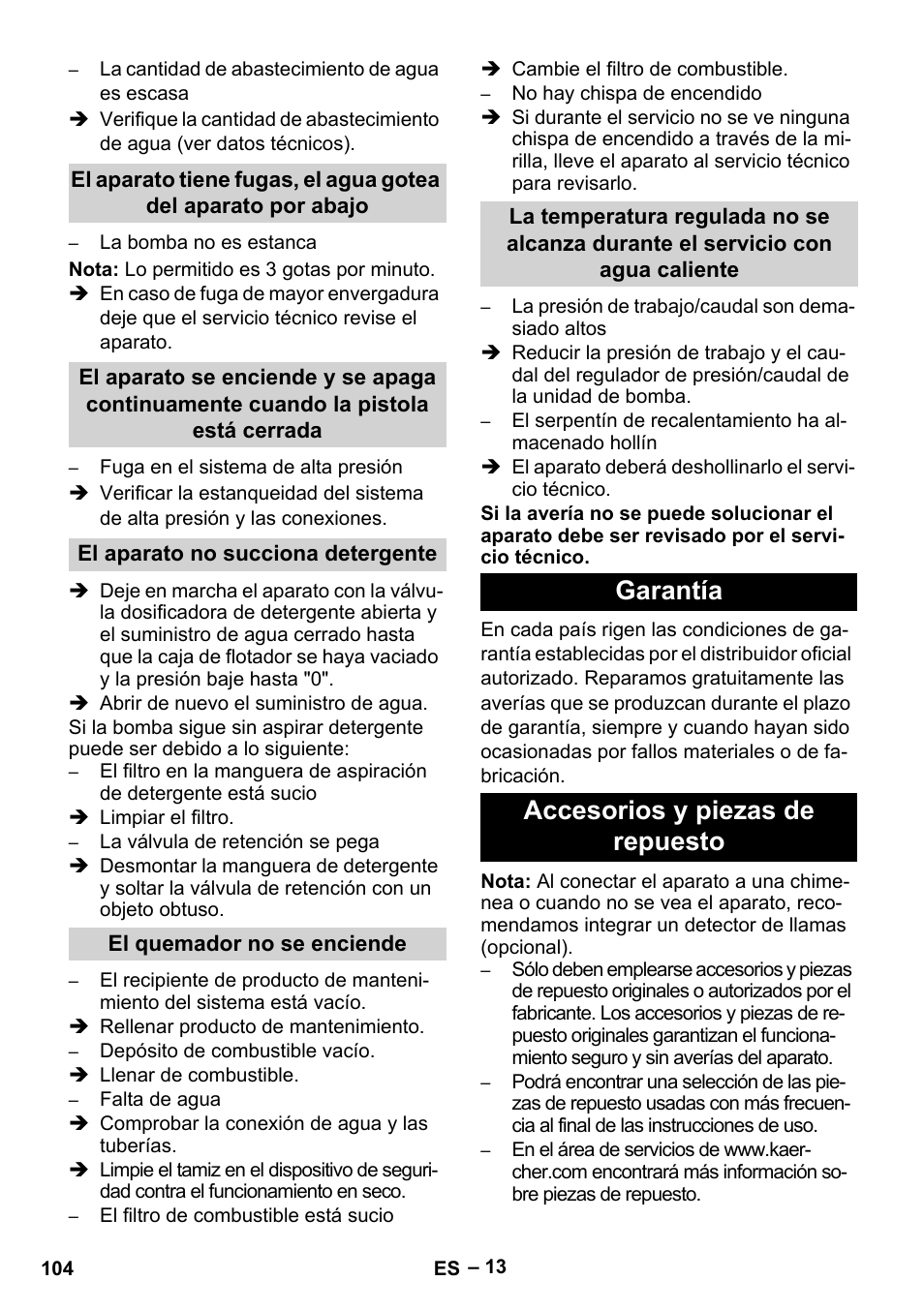 Garantía accesorios y piezas de repuesto | Karcher HDS 8-17-4M Classic EU User Manual | Page 104 / 468