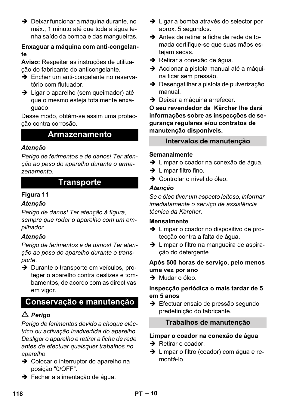 Armazenamento transporte conservação e manutenção | Karcher HDS 8-17-4M Classic EU User Manual | Page 118 / 468