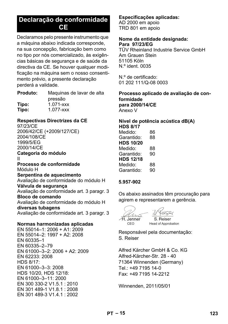 Declaração de conformidade ce | Karcher HDS 8-17-4M Classic EU User Manual | Page 123 / 468