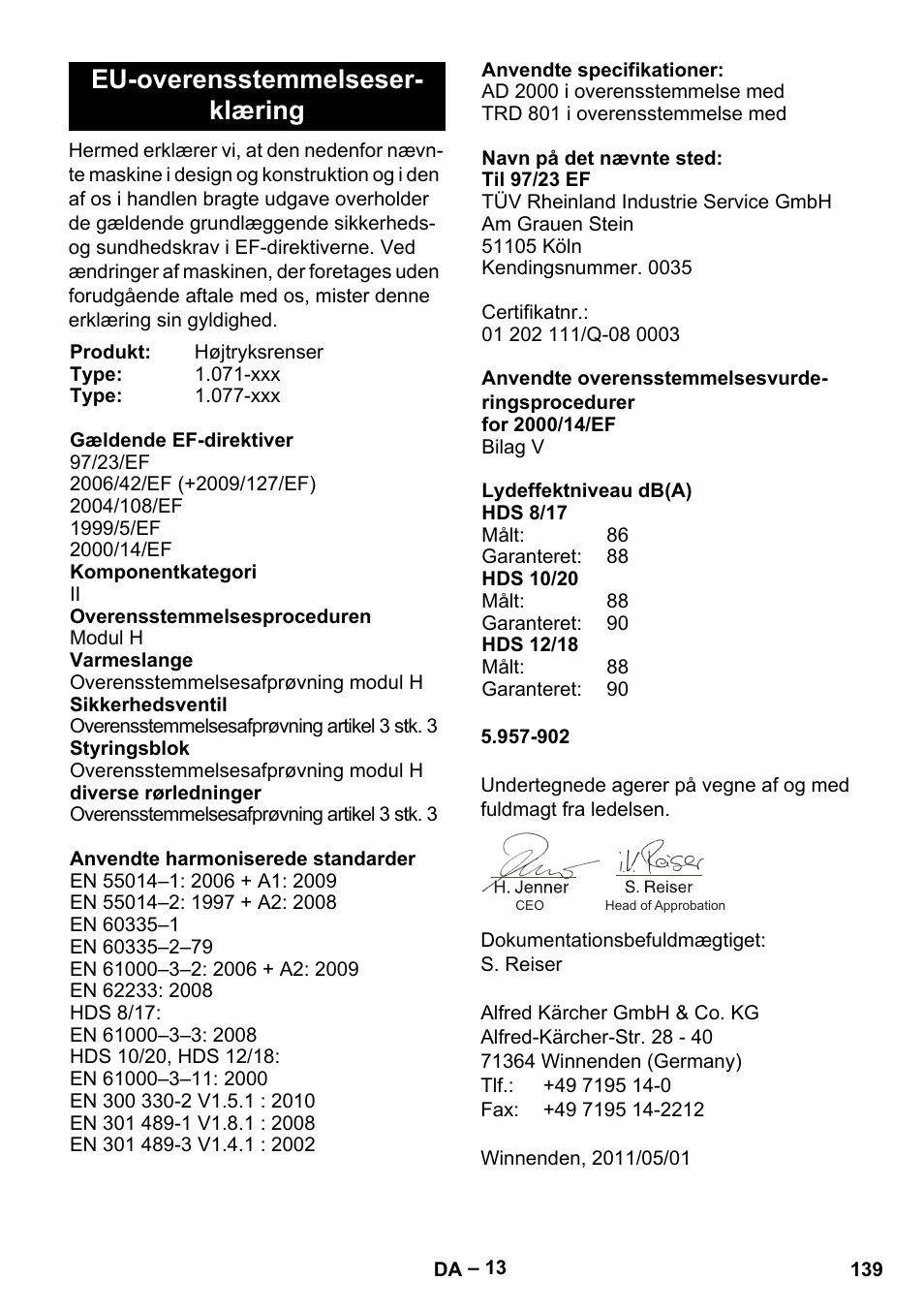 Eu-overensstemmelseser- klæring | Karcher HDS 8-17-4M Classic EU User Manual | Page 139 / 468