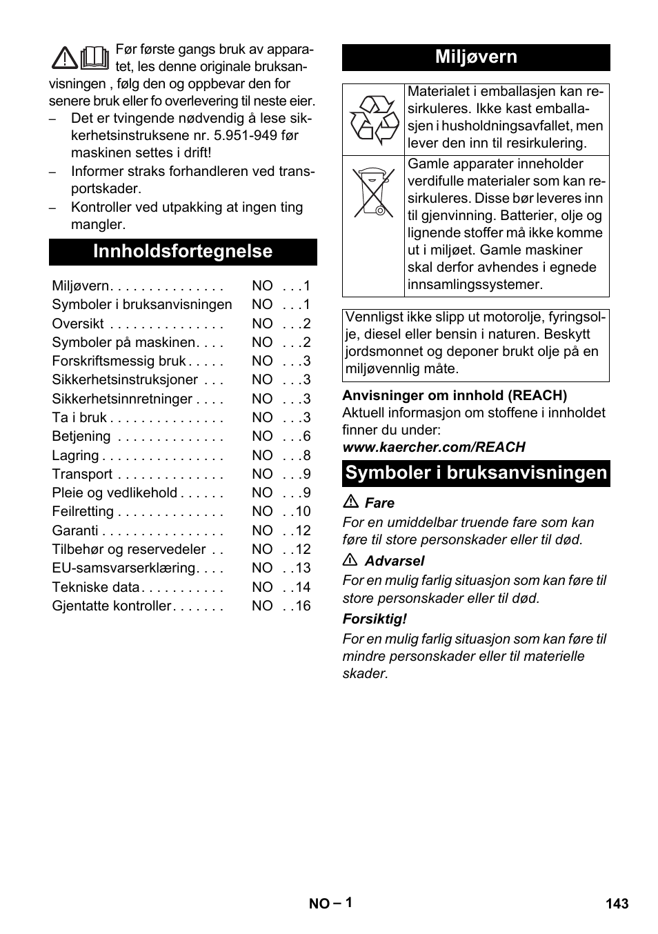 Norsk, Innholdsfortegnelse, Miljøvern | Symboler i bruksanvisningen | Karcher HDS 8-17-4M Classic EU User Manual | Page 143 / 468