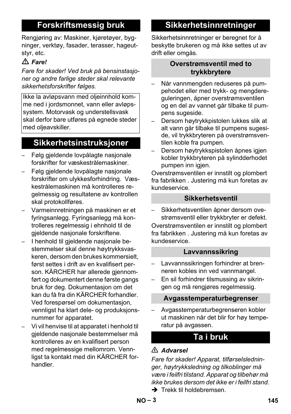 Forskriftsmessig bruk, Sikkerhetsinstruksjoner sikkerhetsinnretninger, Ta i bruk | Karcher HDS 8-17-4M Classic EU User Manual | Page 145 / 468