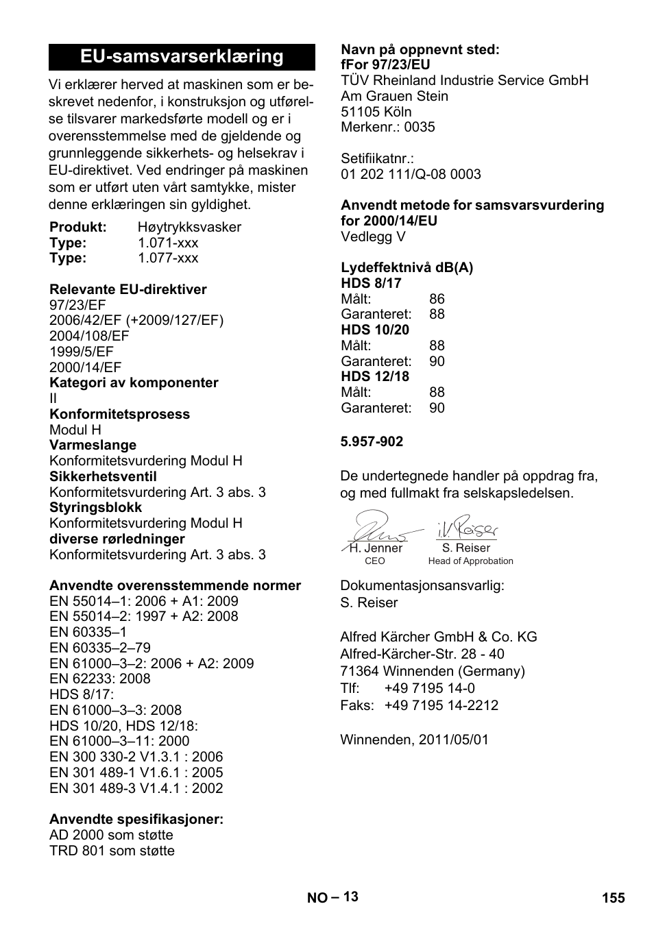 Eu-samsvarserklæring | Karcher HDS 8-17-4M Classic EU User Manual | Page 155 / 468