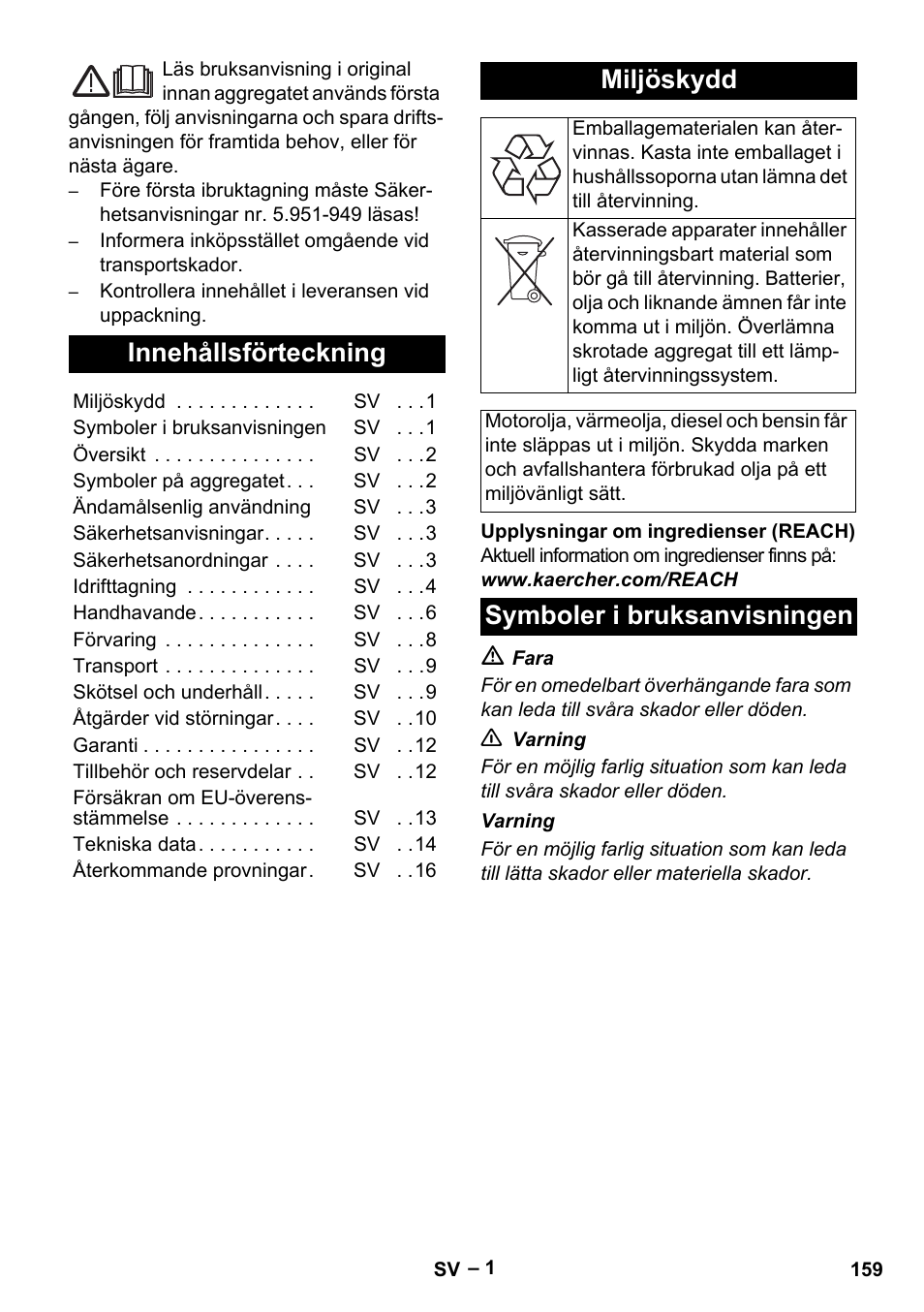 Svenska, Innehållsförteckning, Miljöskydd | Symboler i bruksanvisningen | Karcher HDS 8-17-4M Classic EU User Manual | Page 159 / 468