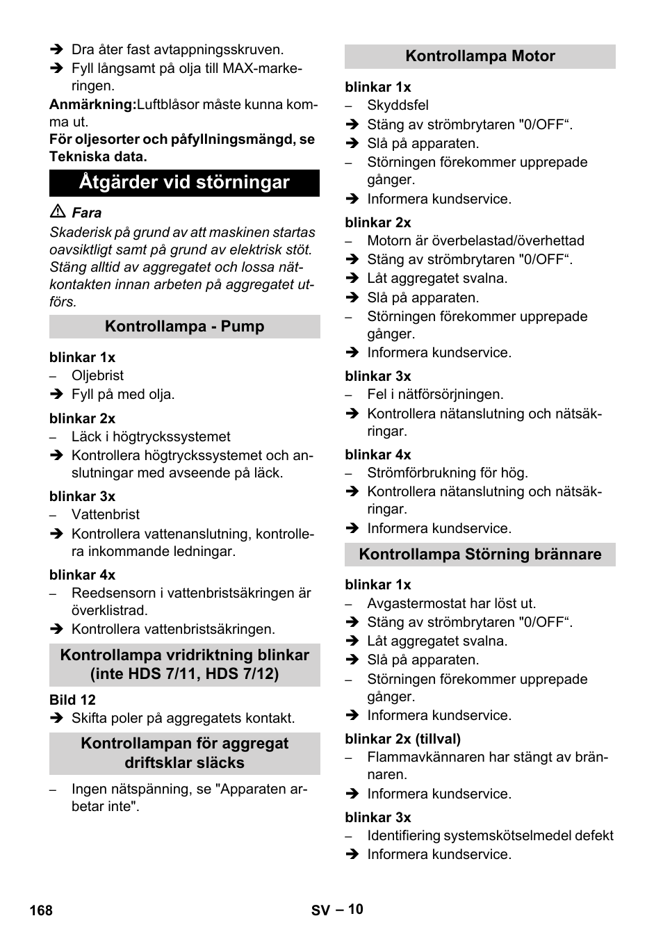 Åtgärder vid störningar | Karcher HDS 8-17-4M Classic EU User Manual | Page 168 / 468