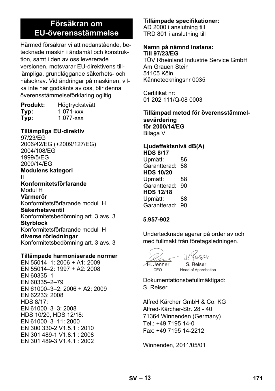Försäkran om eu-överensstämmelse | Karcher HDS 8-17-4M Classic EU User Manual | Page 171 / 468