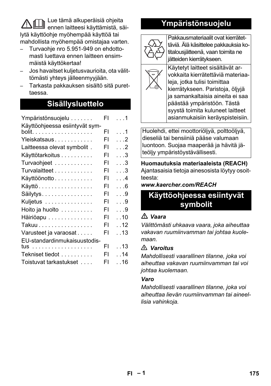 Suomi, Sisällysluettelo, Ympäristönsuojelu | Käyttöohjeessa esiintyvät symbolit | Karcher HDS 8-17-4M Classic EU User Manual | Page 175 / 468