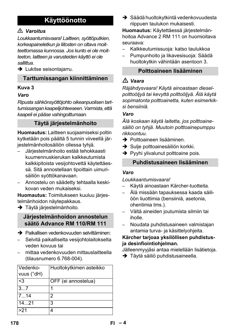 Käyttöönotto | Karcher HDS 8-17-4M Classic EU User Manual | Page 178 / 468