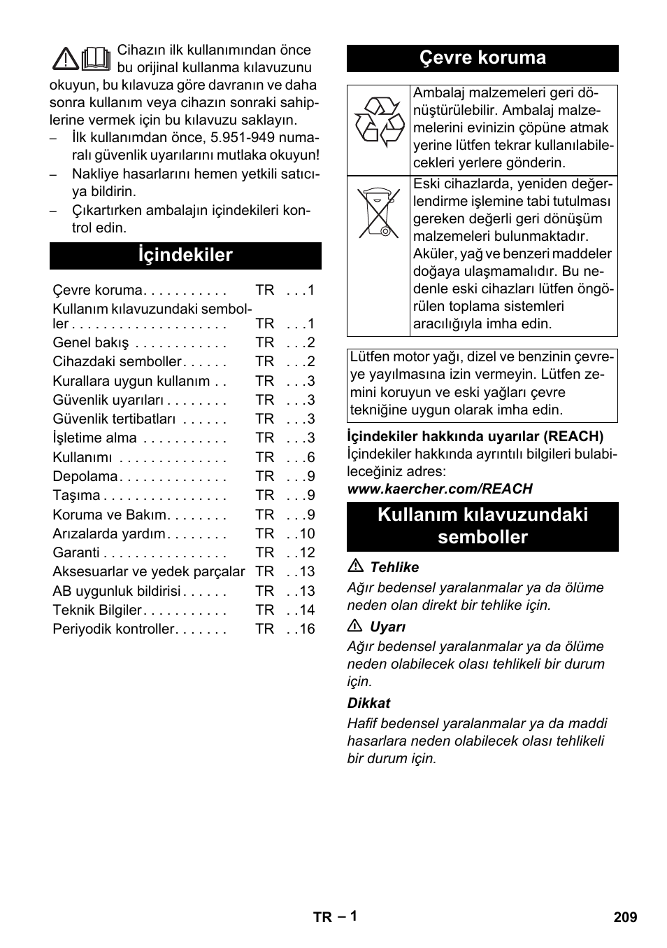 Türkçe, Içindekiler, Çevre koruma | Kullanım kılavuzundaki semboller | Karcher HDS 8-17-4M Classic EU User Manual | Page 209 / 468