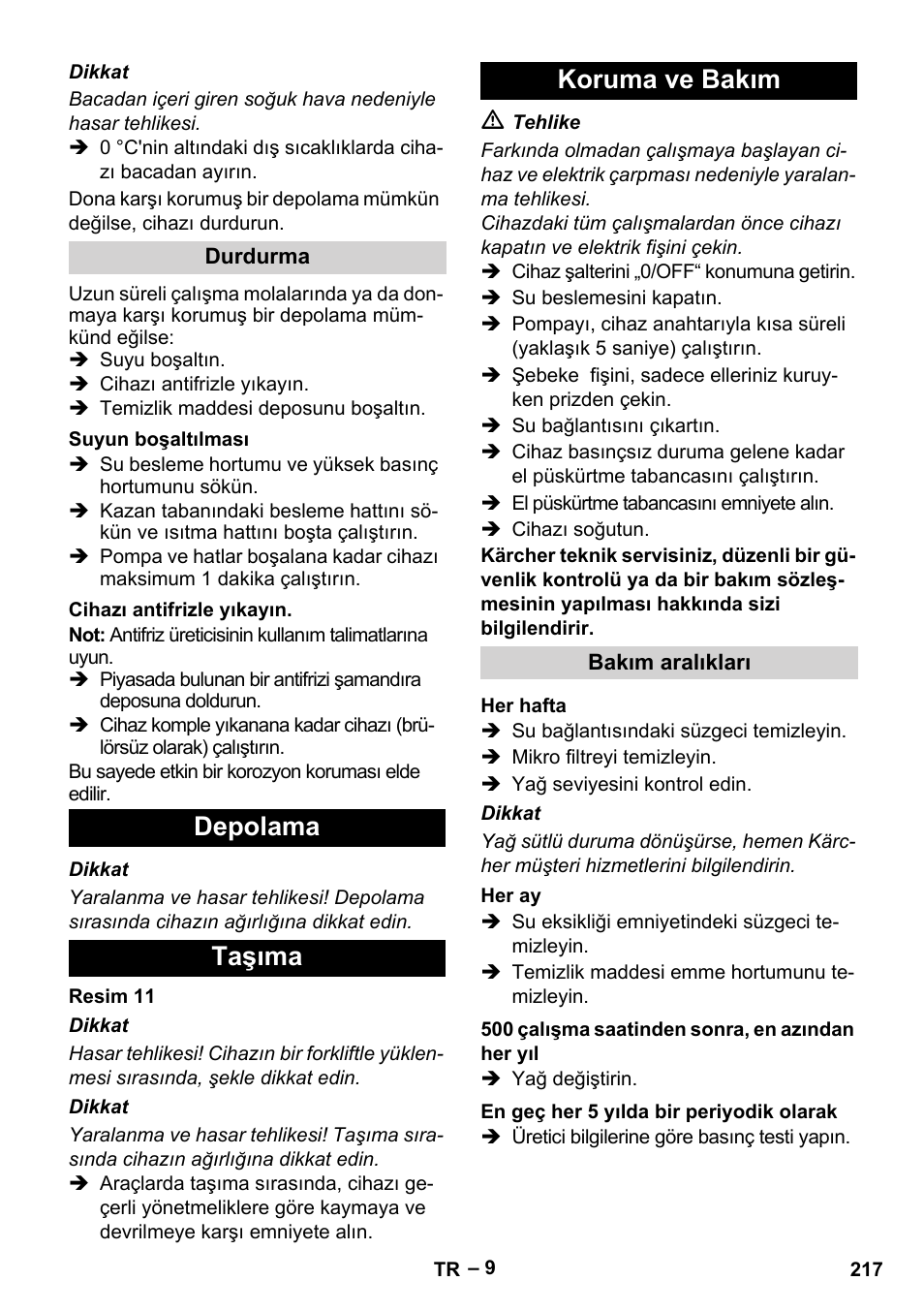 Depolama taşıma koruma ve bakım | Karcher HDS 8-17-4M Classic EU User Manual | Page 217 / 468