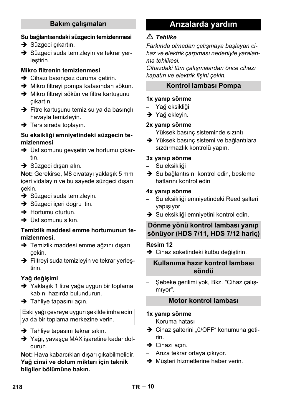 Arızalarda yardım | Karcher HDS 8-17-4M Classic EU User Manual | Page 218 / 468