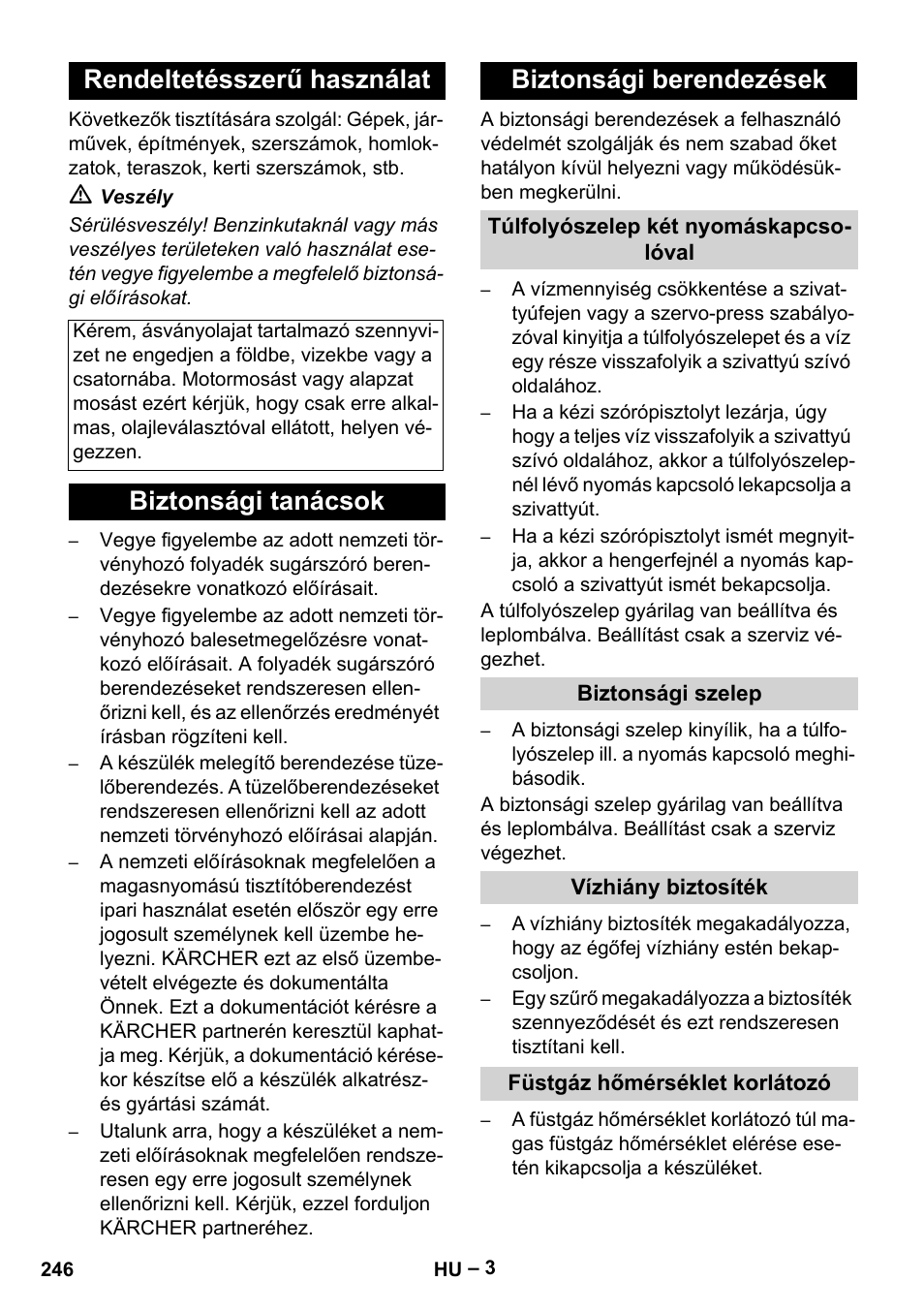 Rendeltetésszerű használat, Biztonsági tanácsok biztonsági berendezések | Karcher HDS 8-17-4M Classic EU User Manual | Page 246 / 468