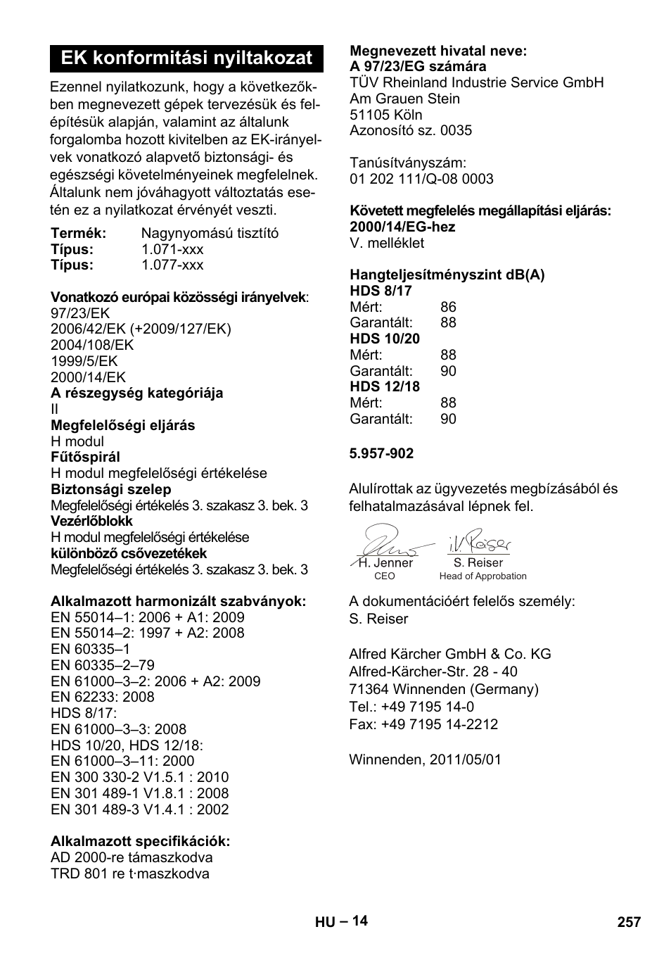 Ek konformitási nyiltakozat | Karcher HDS 8-17-4M Classic EU User Manual | Page 257 / 468