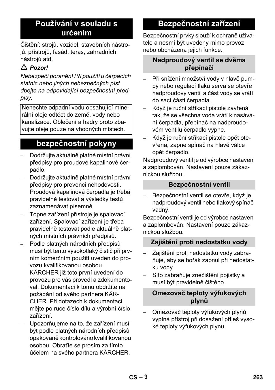 Používání v souladu s určením, Bezpečnostní pokyny bezpečnostní zařízení | Karcher HDS 8-17-4M Classic EU User Manual | Page 263 / 468