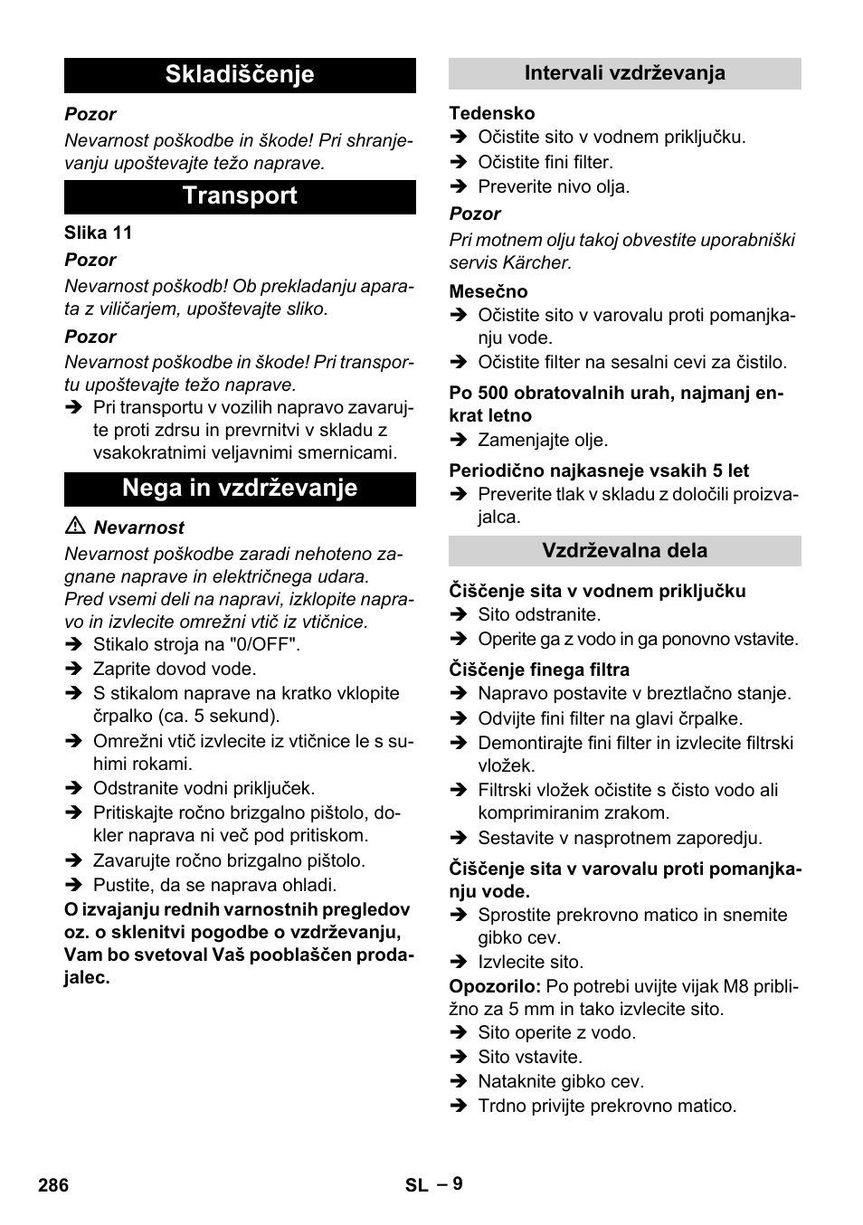 Skladiščenje transport nega in vzdrževanje | Karcher HDS 8-17-4M Classic EU User Manual | Page 286 / 468