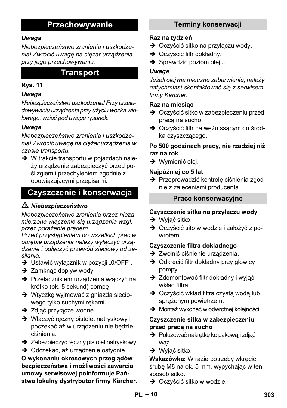 Przechowywanie transport czyszczenie i konserwacja | Karcher HDS 8-17-4M Classic EU User Manual | Page 303 / 468