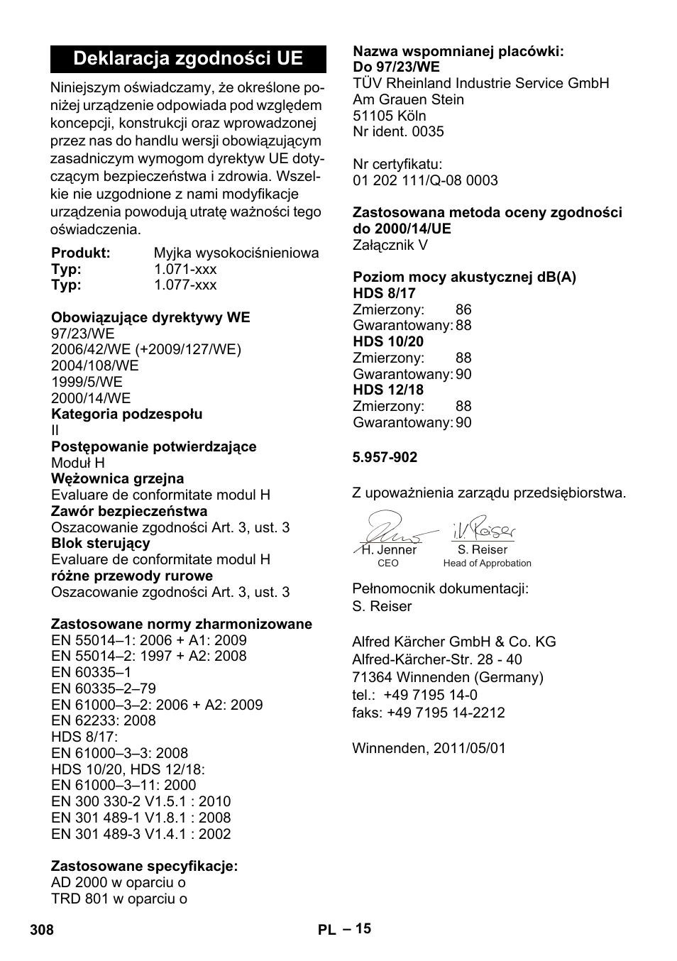 Deklaracja zgodności ue | Karcher HDS 8-17-4M Classic EU User Manual | Page 308 / 468