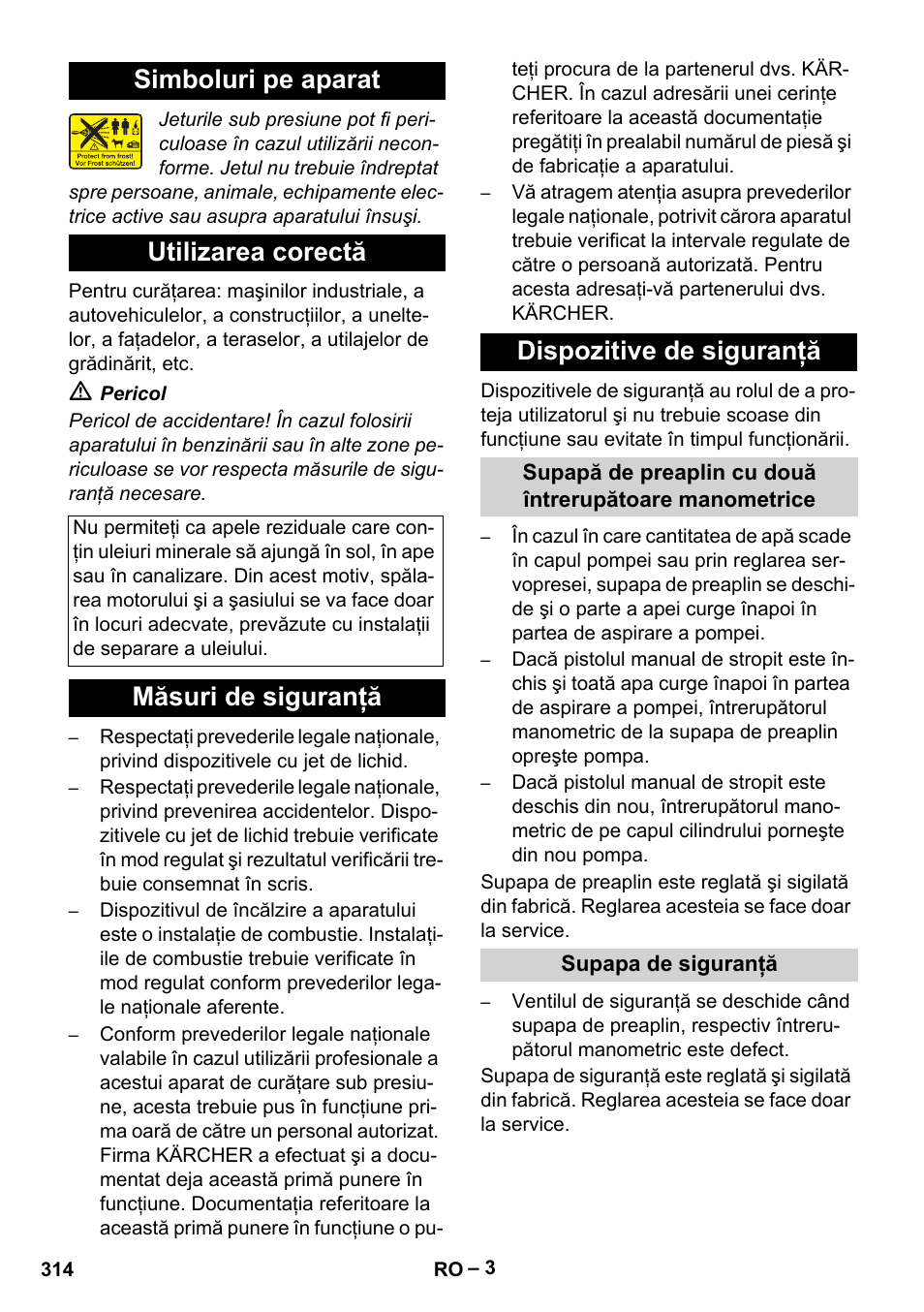 Simboluri pe aparat utilizarea corectă, Măsuri de siguranţă dispozitive de siguranţă | Karcher HDS 8-17-4M Classic EU User Manual | Page 314 / 468