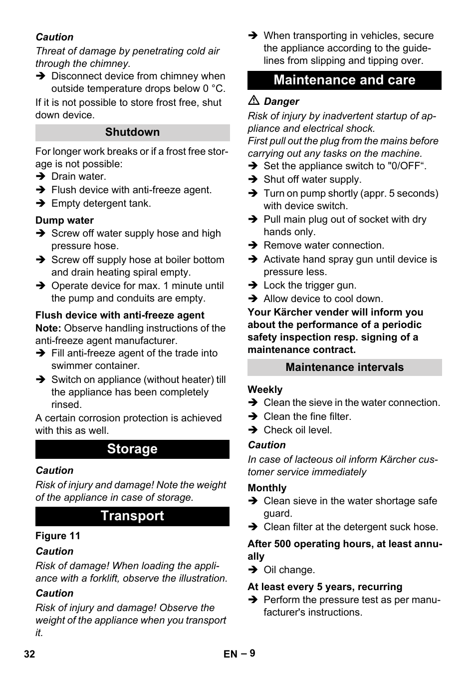 Storage transport maintenance and care | Karcher HDS 8-17-4M Classic EU User Manual | Page 32 / 468