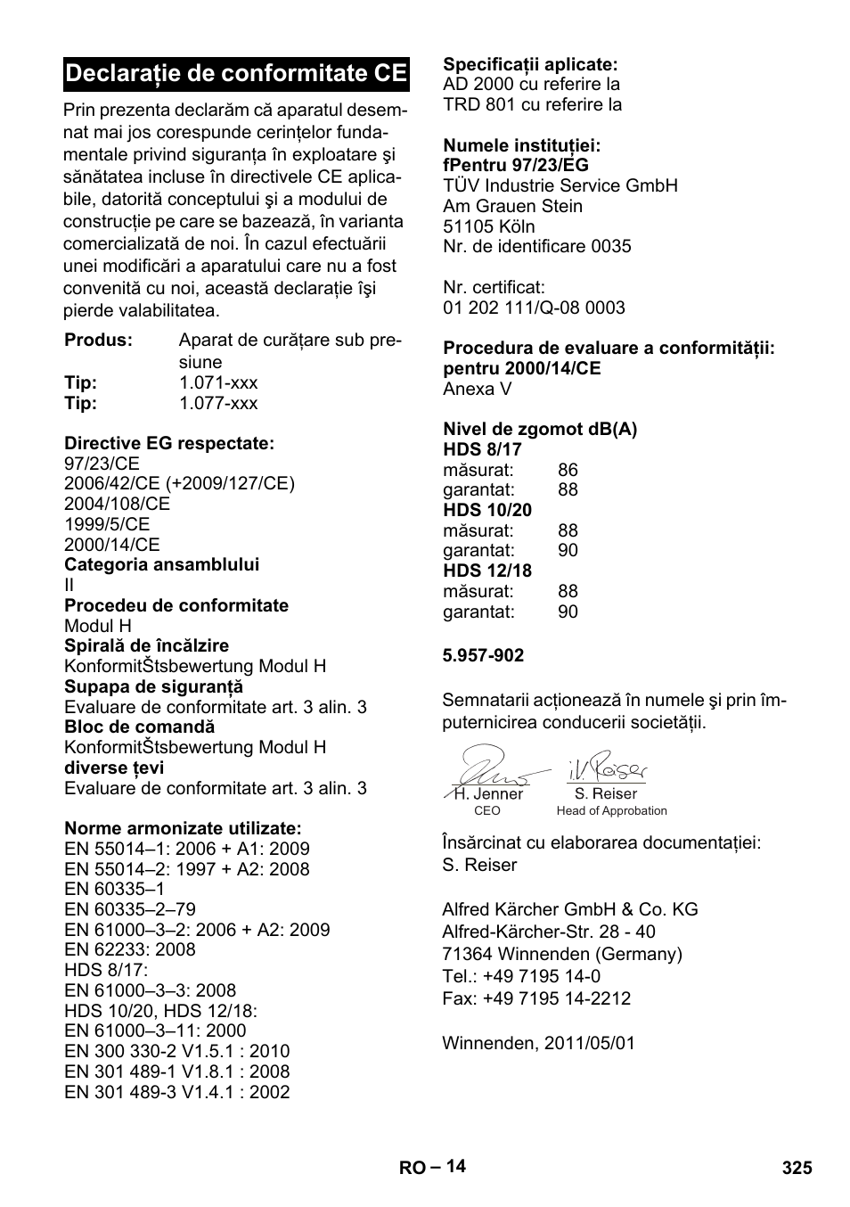 Declaraţie de conformitate ce | Karcher HDS 8-17-4M Classic EU User Manual | Page 325 / 468