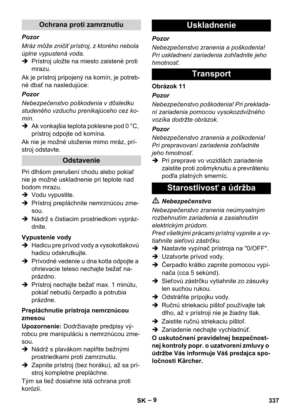 Uskladnenie transport starostlivosť a údržba | Karcher HDS 8-17-4M Classic EU User Manual | Page 337 / 468