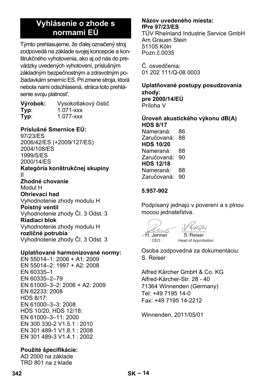 Vyhlásenie o zhode s normami eú | Karcher HDS 8-17-4M Classic EU User Manual | Page 342 / 468