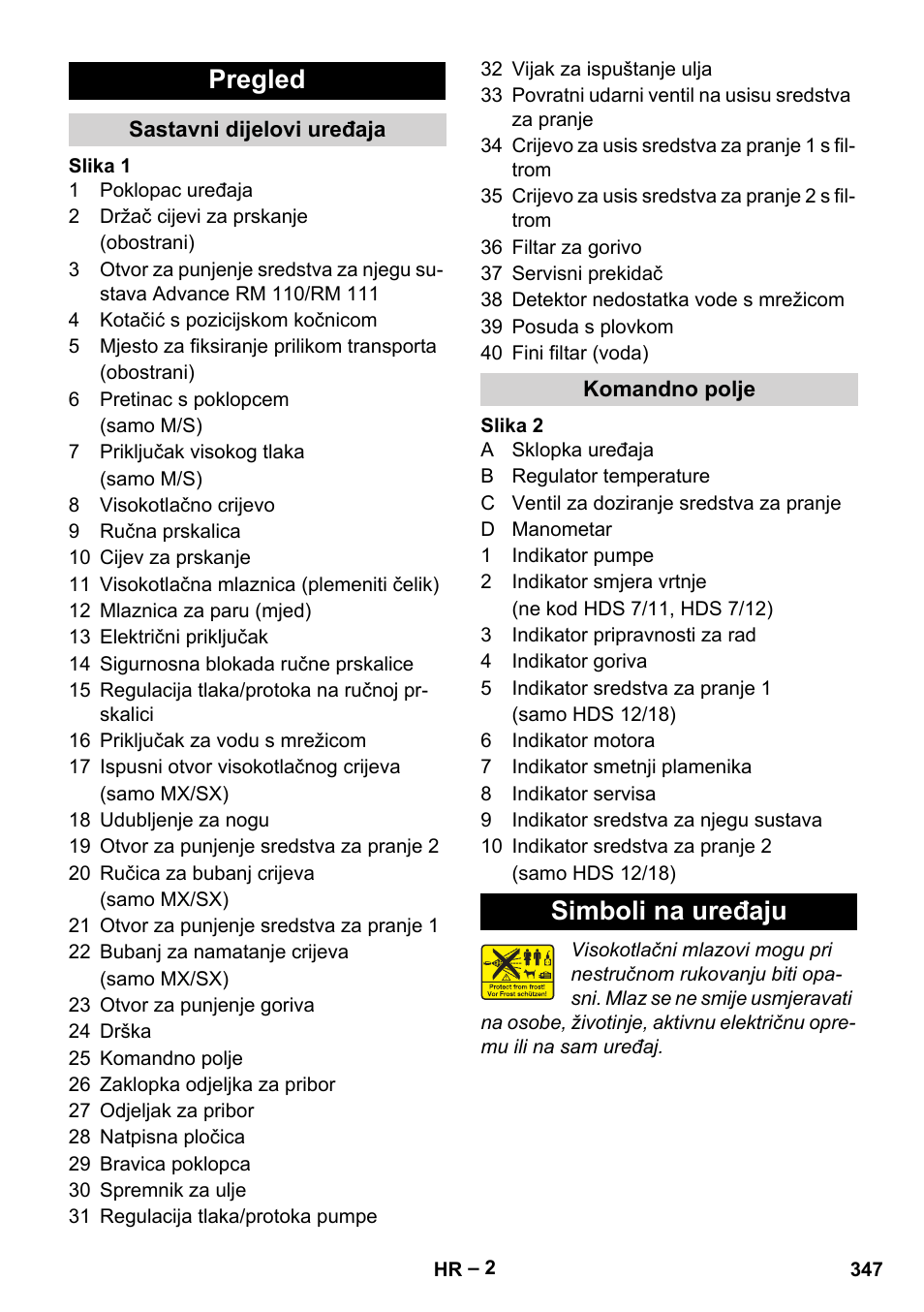 Pregled, Simboli na uređaju | Karcher HDS 8-17-4M Classic EU User Manual | Page 347 / 468