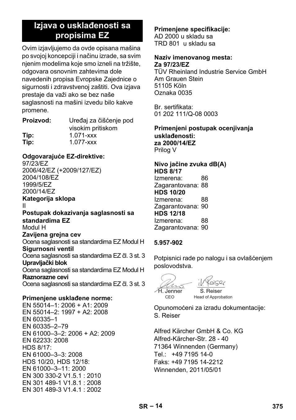 Izjava o usklađenosti sa propisima ez | Karcher HDS 8-17-4M Classic EU User Manual | Page 375 / 468