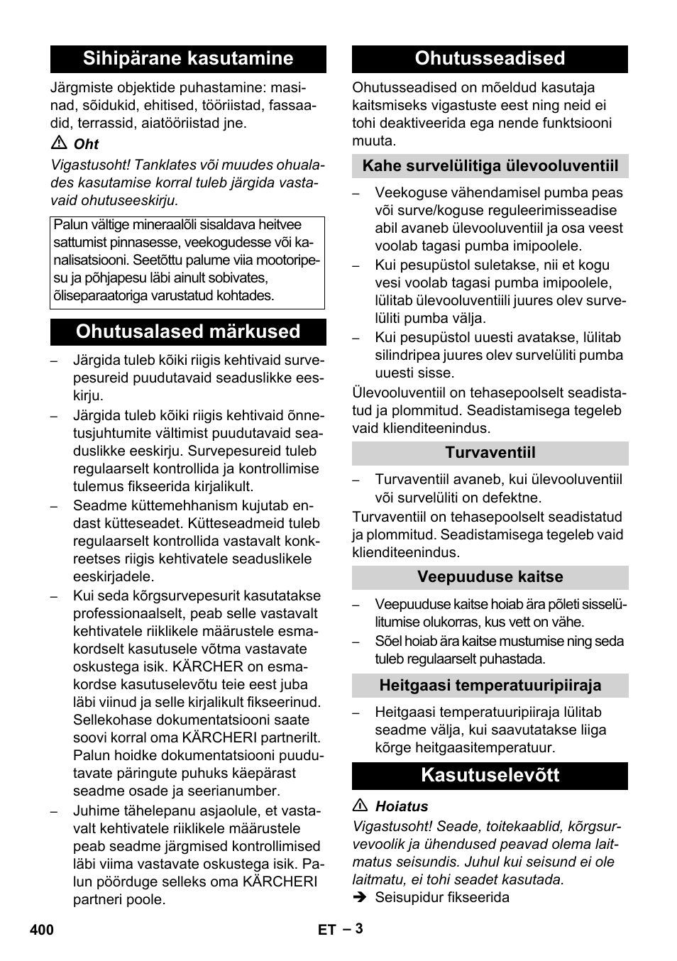 Sihipärane kasutamine, Ohutusalased märkused ohutusseadised, Kasutuselevõtt | Karcher HDS 8-17-4M Classic EU User Manual | Page 400 / 468