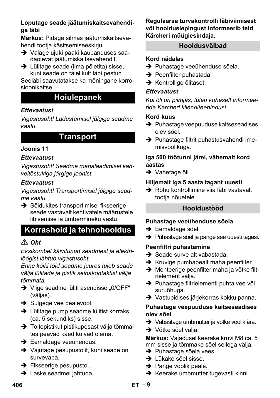 Hoiulepanek transport korrashoid ja tehnohooldus | Karcher HDS 8-17-4M Classic EU User Manual | Page 406 / 468