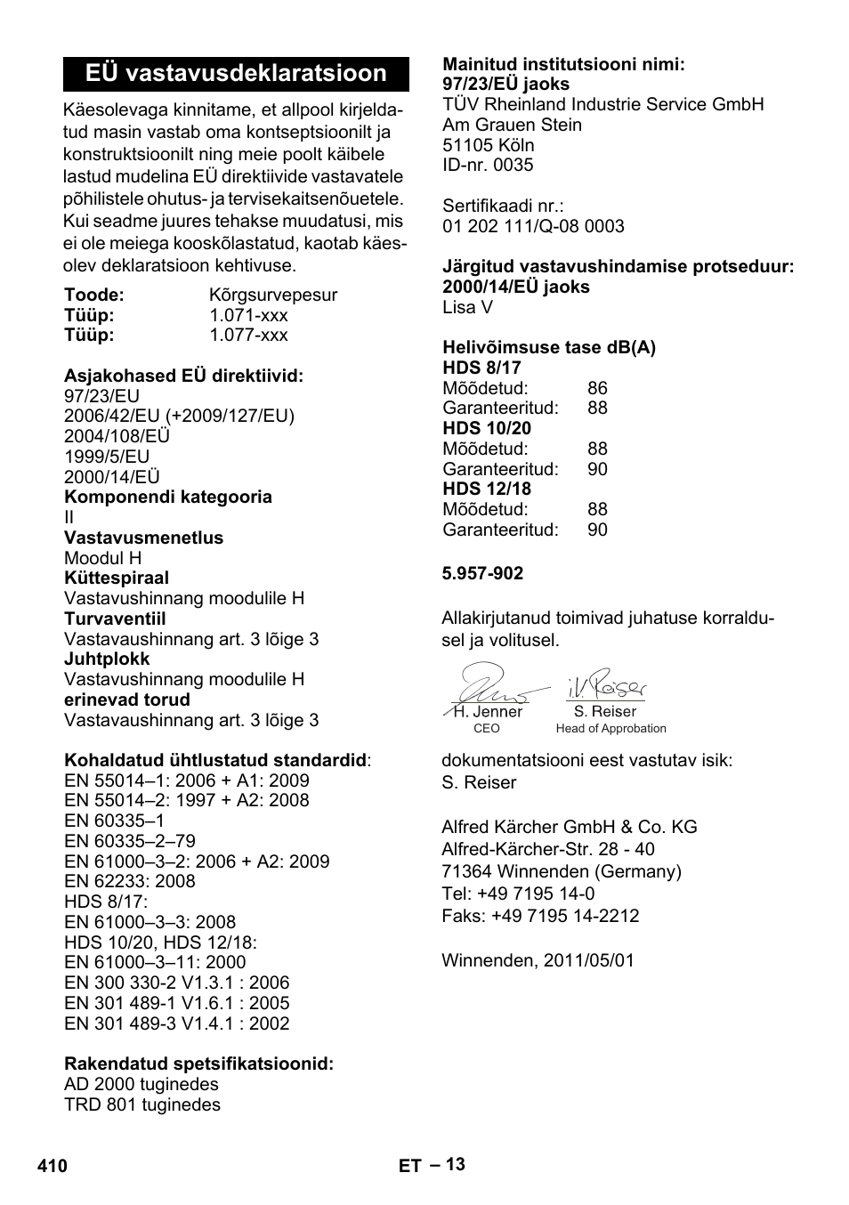 Eü vastavusdeklaratsioon | Karcher HDS 8-17-4M Classic EU User Manual | Page 410 / 468