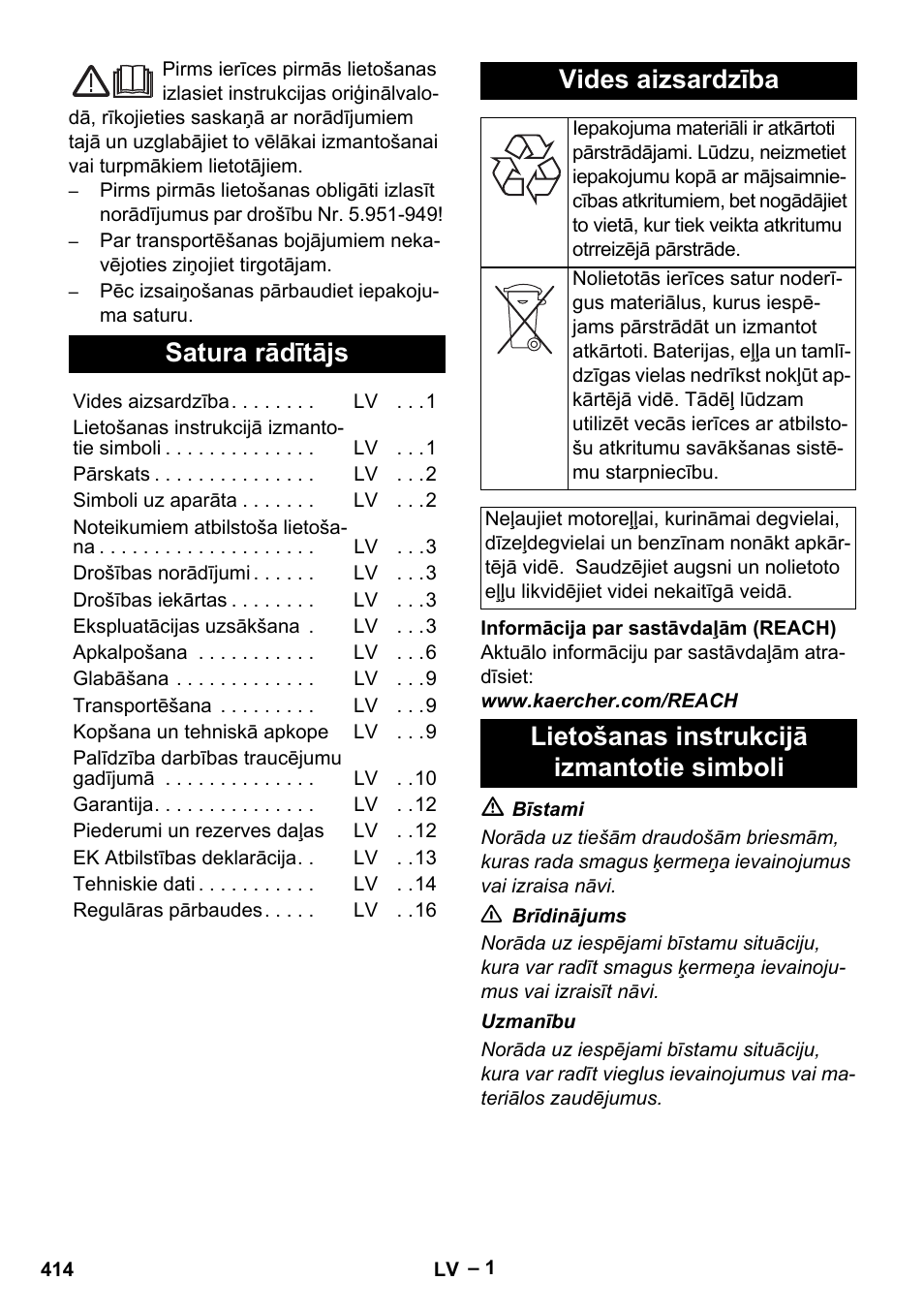 Latviešu, Satura rādītājs, Vides aizsardzība | Lietošanas instrukcijā izmantotie simboli | Karcher HDS 8-17-4M Classic EU User Manual | Page 414 / 468