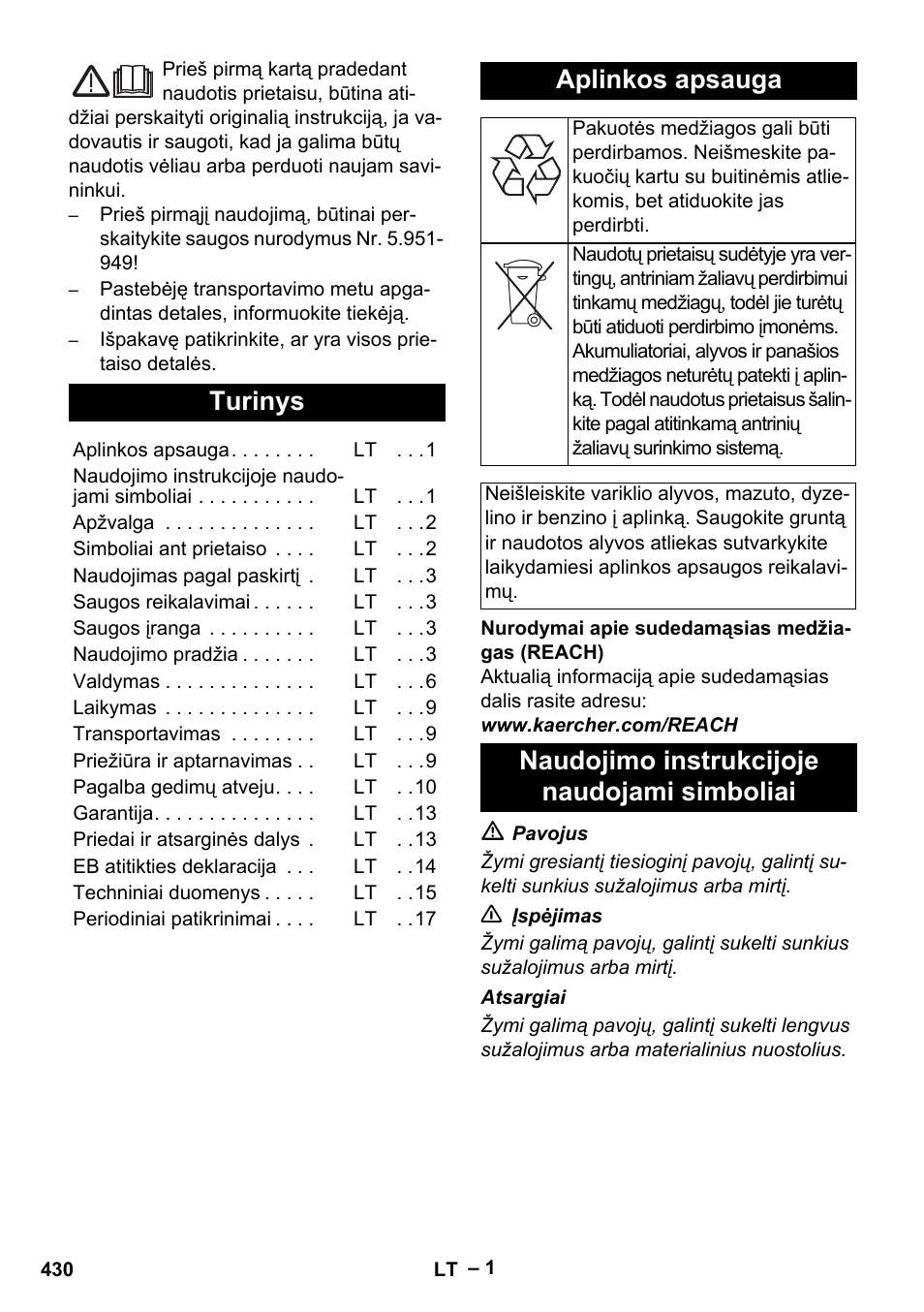 Lietuviškai, Turinys, Aplinkos apsauga | Naudojimo instrukcijoje naudojami simboliai | Karcher HDS 8-17-4M Classic EU User Manual | Page 430 / 468