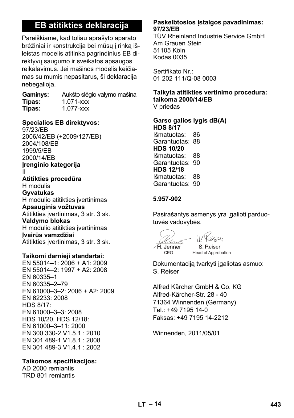 Eb atitikties deklaracija | Karcher HDS 8-17-4M Classic EU User Manual | Page 443 / 468