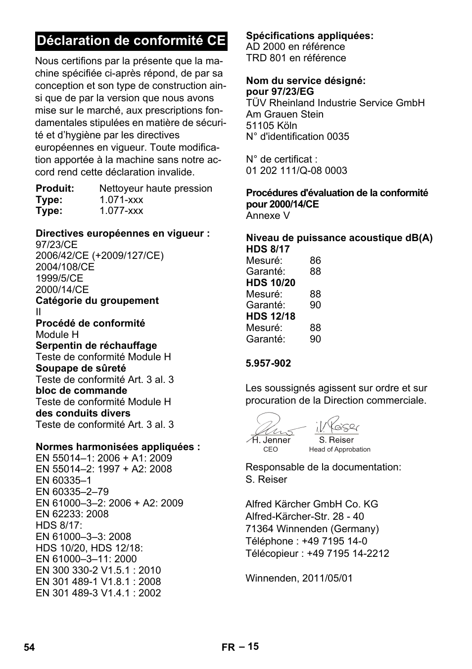 Déclaration de conformité ce | Karcher HDS 8-17-4M Classic EU User Manual | Page 54 / 468