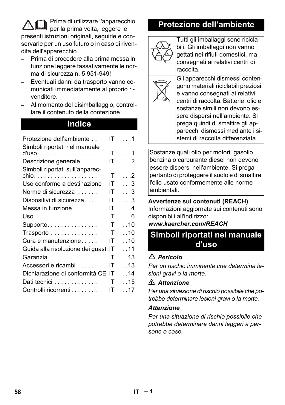 Italiano, Indice, Protezione dell’ambiente | Simboli riportati nel manuale d'uso | Karcher HDS 8-17-4M Classic EU User Manual | Page 58 / 468