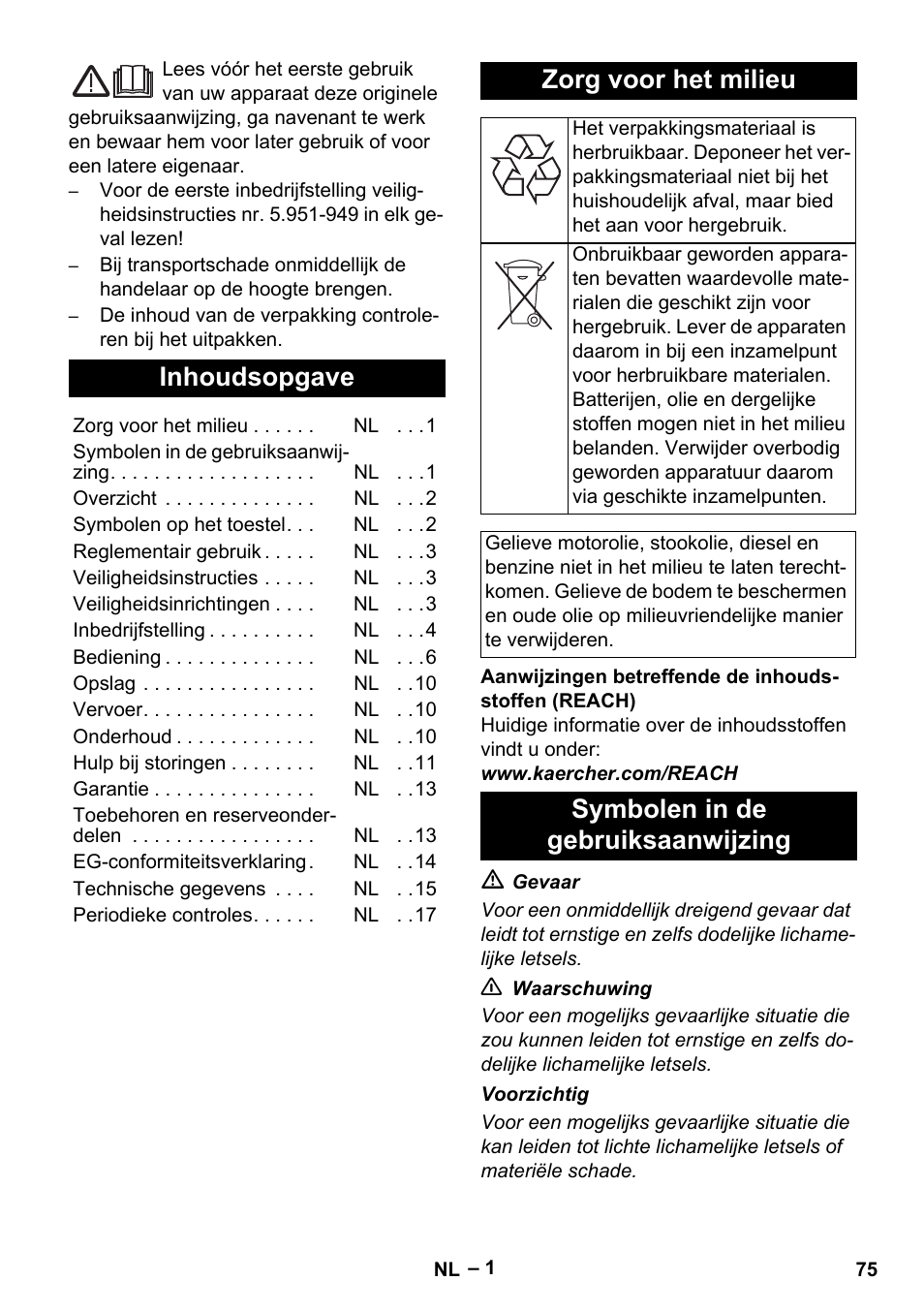 Nederlands, Inhoudsopgave, Zorg voor het milieu | Symbolen in de gebruiksaanwijzing | Karcher HDS 8-17-4M Classic EU User Manual | Page 75 / 468