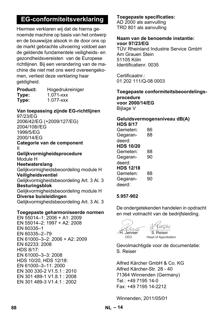 Eg-conformiteitsverklaring | Karcher HDS 8-17-4M Classic EU User Manual | Page 88 / 468