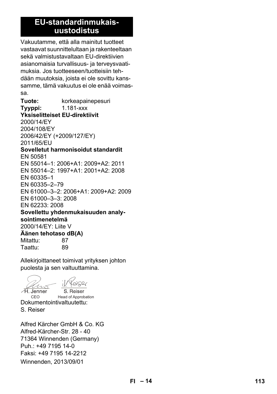 Eu-standardinmukais- uustodistus | Karcher K 5 Premium User Manual | Page 113 / 294