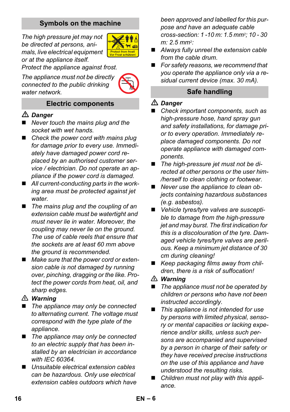 Symbols on the machine, Electric components, Safe handling | Karcher K 5 Premium User Manual | Page 16 / 294