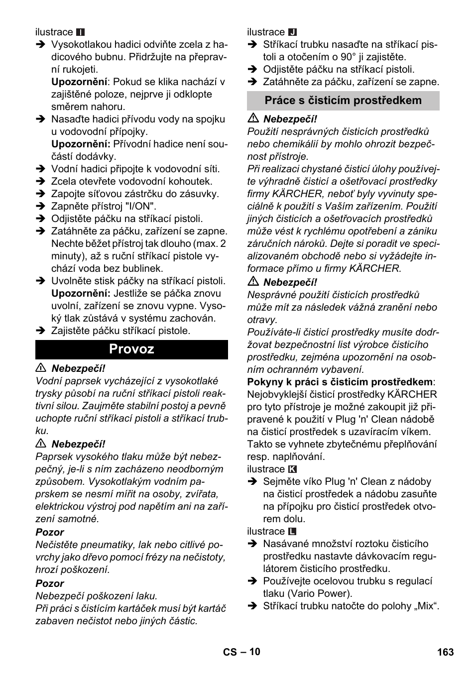 Provoz, Práce s čisticím prostředkem | Karcher K 5 Premium User Manual | Page 163 / 294