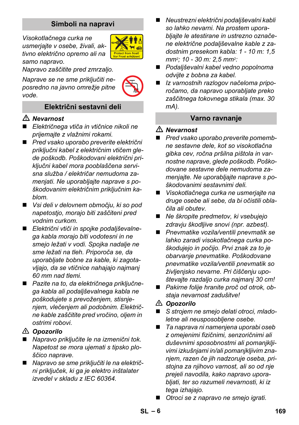 Simboli na napravi, Električni sestavni deli, Varno ravnanje | Karcher K 5 Premium User Manual | Page 169 / 294