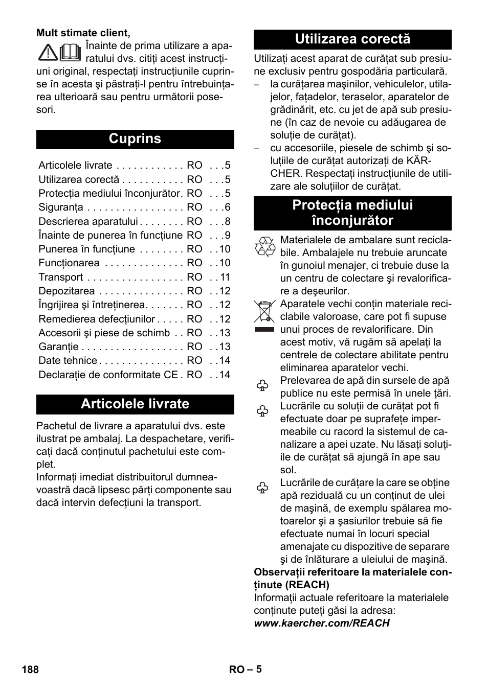 Româneşte, Cuprins, Articolele livrate | Utilizarea corectă, Protecţia mediului înconjurător | Karcher K 5 Premium User Manual | Page 188 / 294