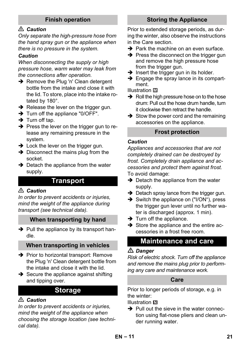 Finish operation, Transport, When transporting by hand | When transporting in vehicles, Storage, Storing the appliance, Frost protection, Maintenance and care, Care | Karcher K 5 Premium User Manual | Page 21 / 294