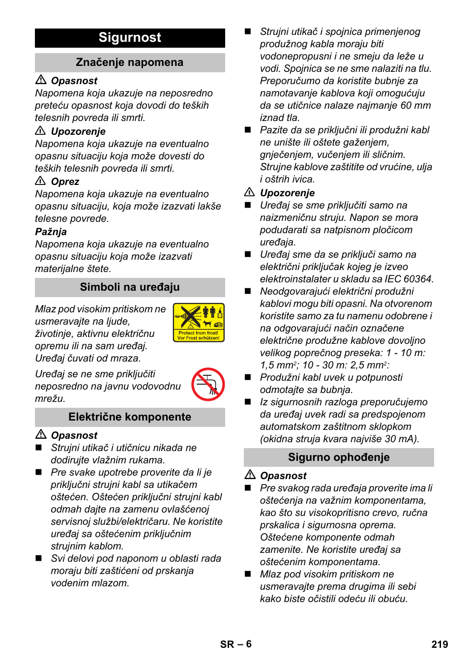 Sigurnost, Značenje napomena, Simboli na uređaju | Električne komponente, Sigurno ophođenje | Karcher K 5 Premium User Manual | Page 219 / 294