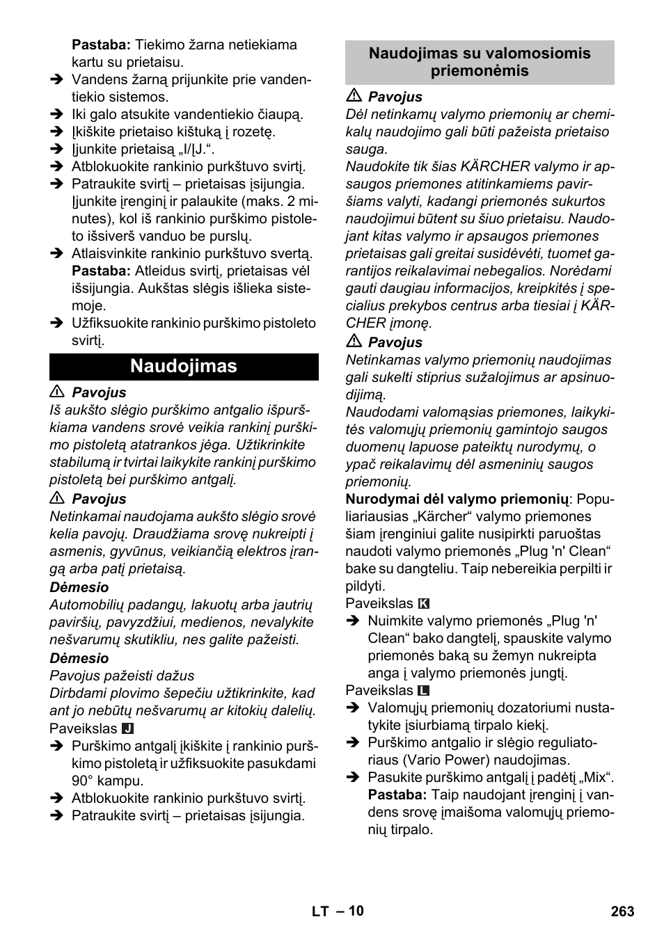 Naudojimas, Naudojimas su valomosiomis priemonėmis | Karcher K 5 Premium User Manual | Page 263 / 294