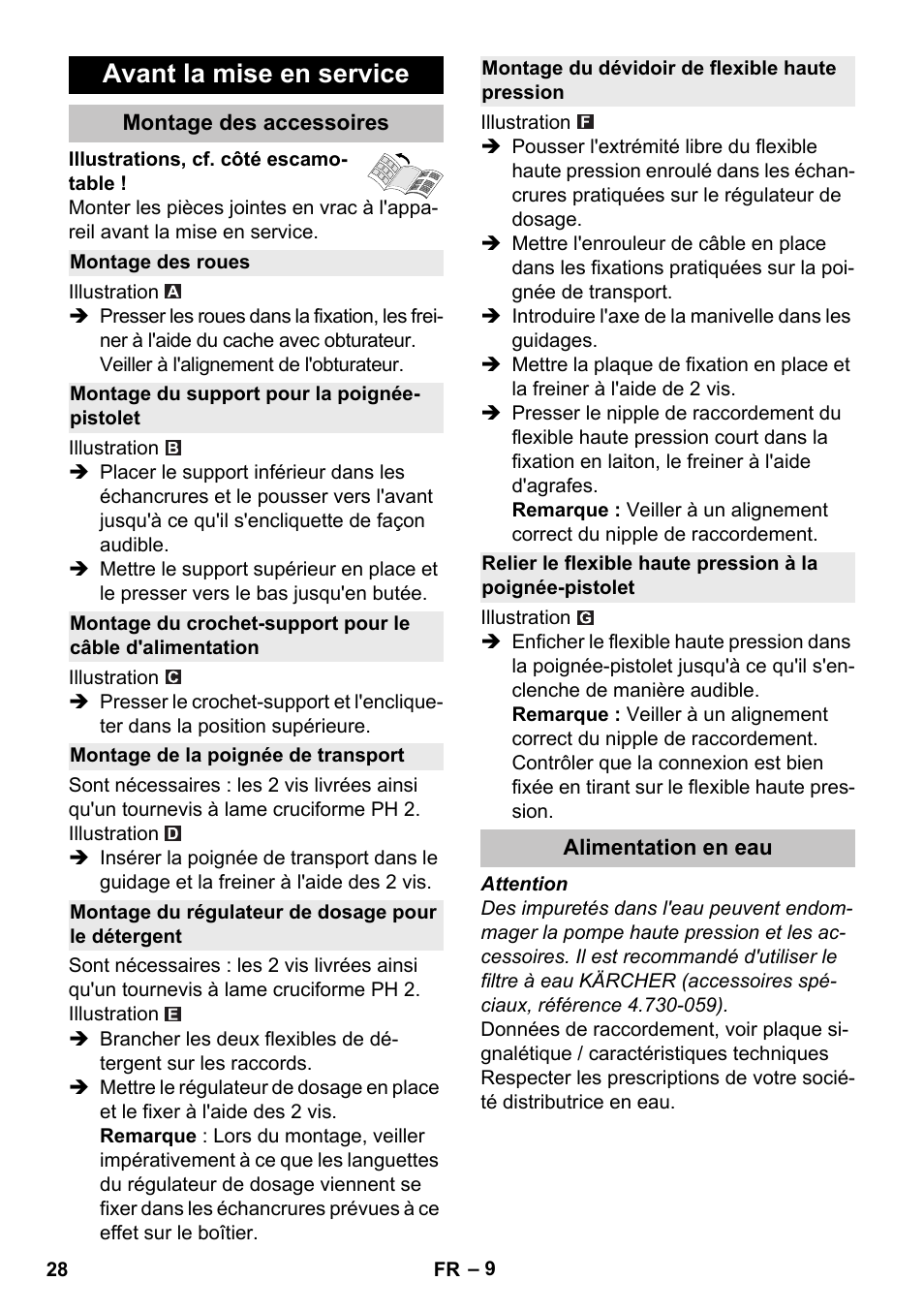 Avant la mise en service, Montage des accessoires, Montage des roues | Montage du support pour la poignée- pistolet, Montage de la poignée de transport, Montage du régulateur de dosage pour le détergent, Montage du dévidoir de flexible haute pression, Alimentation en eau | Karcher K 5 Premium User Manual | Page 28 / 294